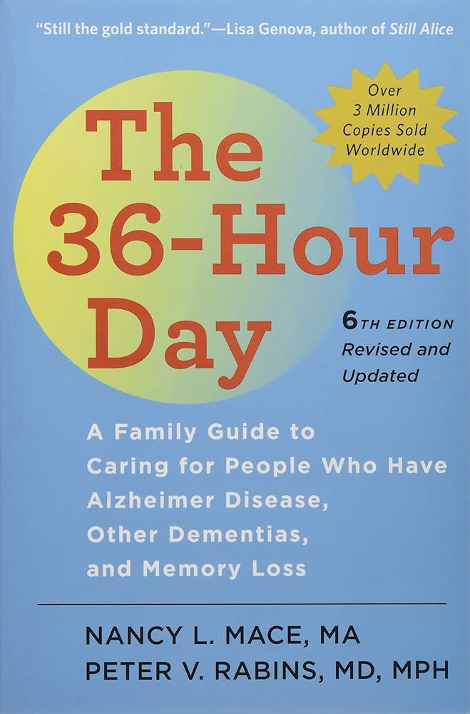Cover of "The 36-Hour Day" featuring a blue background and yellow sun fading into the blue.