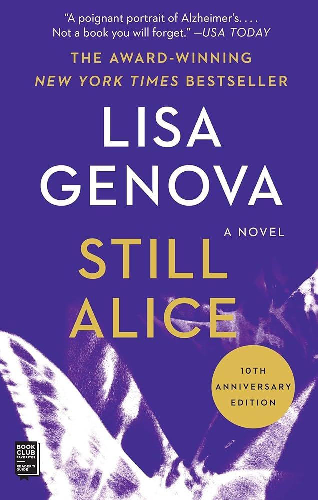 Purple cover of "Still Alice," featuring a rich purple color and abstract images